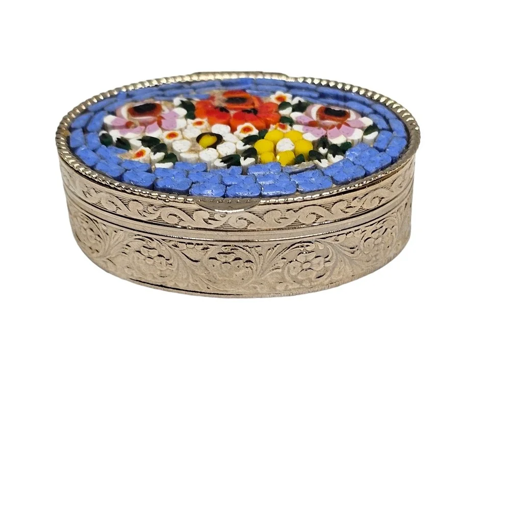 Vintage Flower Micro Mosaic Trinket‎ Box Pill Box Blue Floral